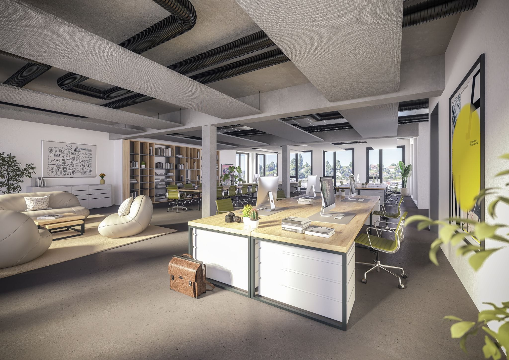 Visualisierung eines Kreativ-Büros Visualisierung eines Kreativ-Büros mit offenen Flächen und Farbe.